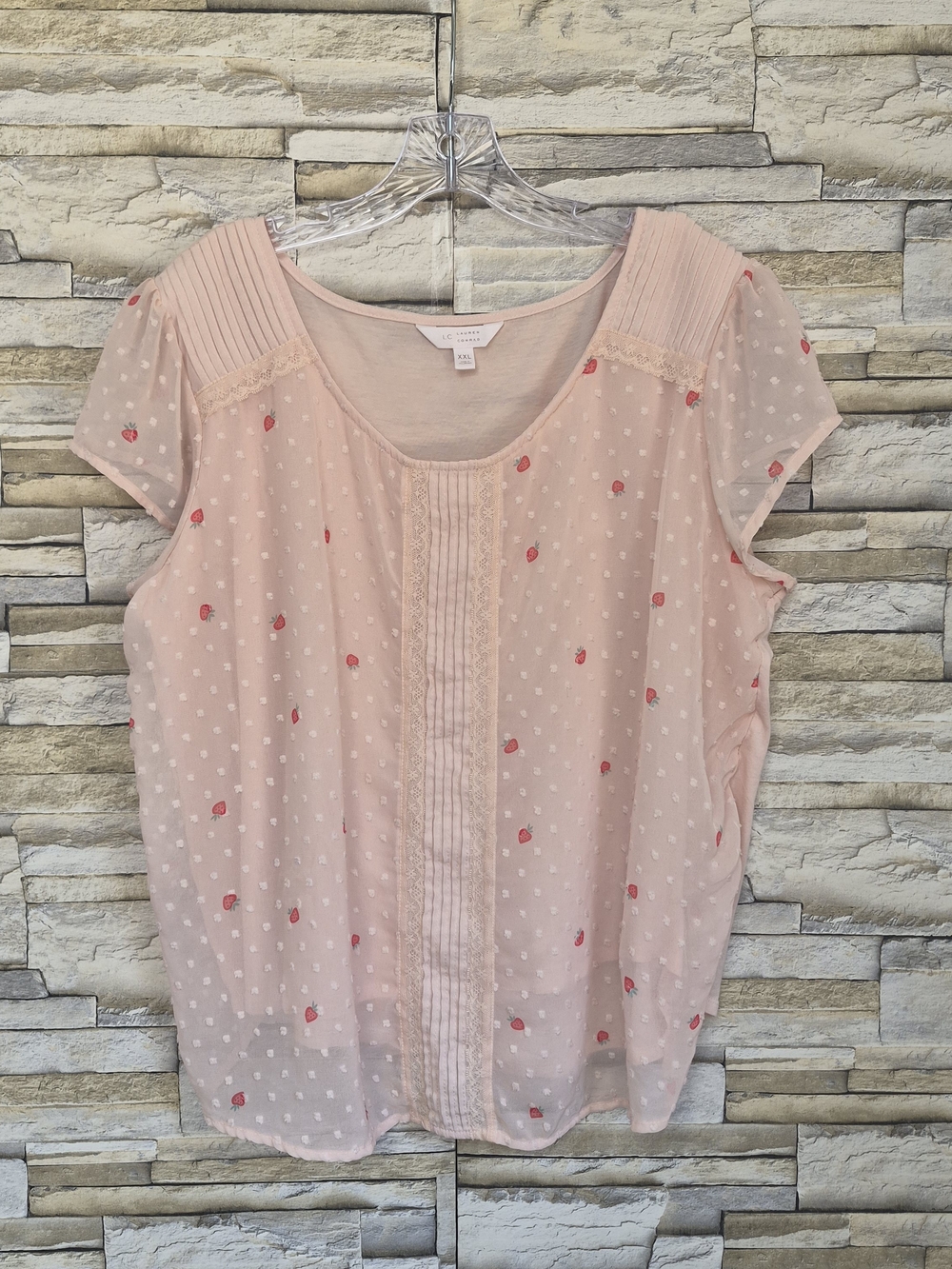 LC Lauren Conrad Blouse Women's Size XXL Pink Strawberry Swiss Dot Cottagecore
